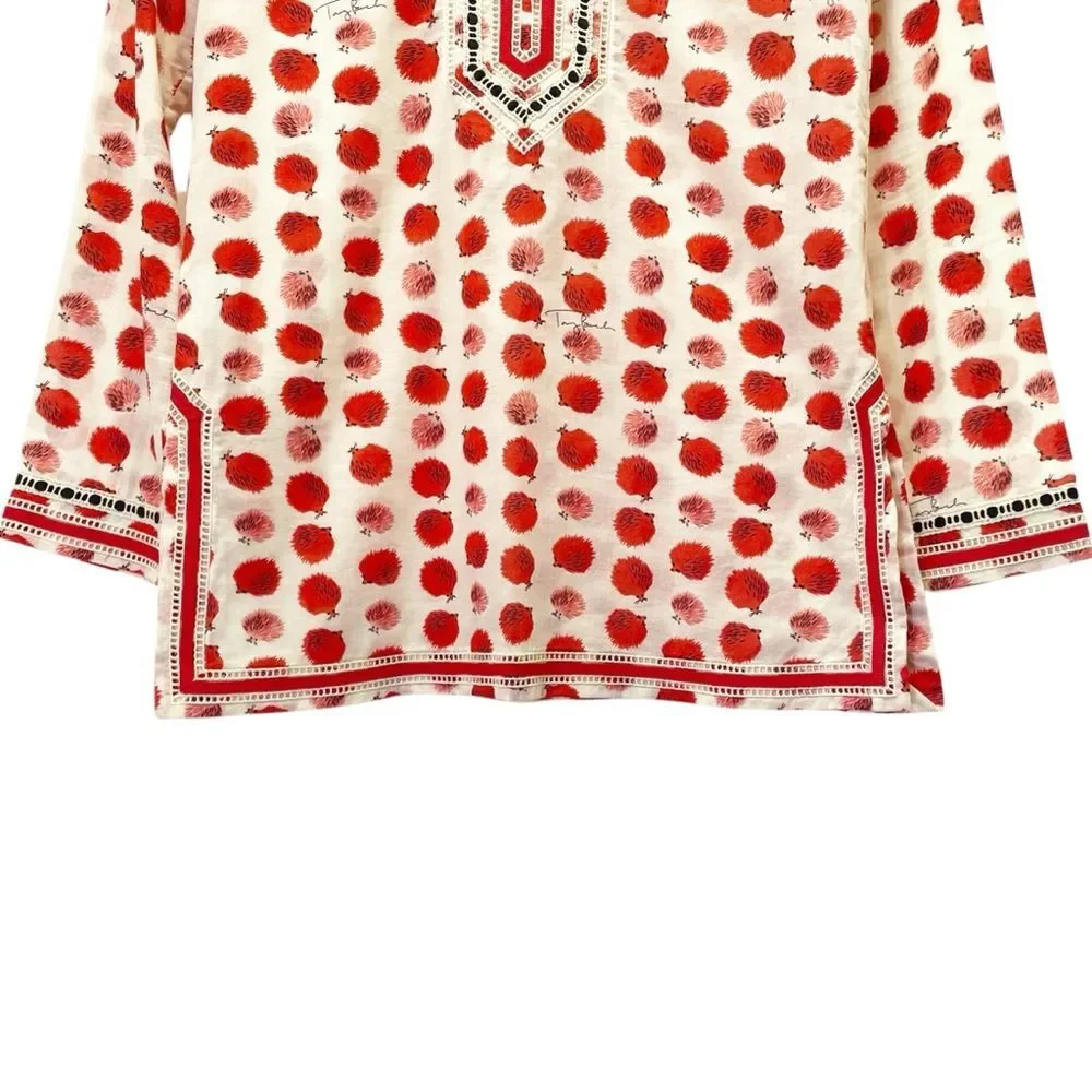 Tory Burch Tory Tunic in Tapioca Hedgehog Cotton Cream & Red Print Size 0 RARE